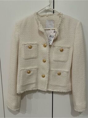 Mango Women's Cream Tweed Pocket Jacket with Gold Buttons